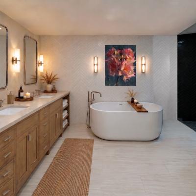 Elegant bathroom featuring a freestanding tub, dual sinks, and modern decor.
